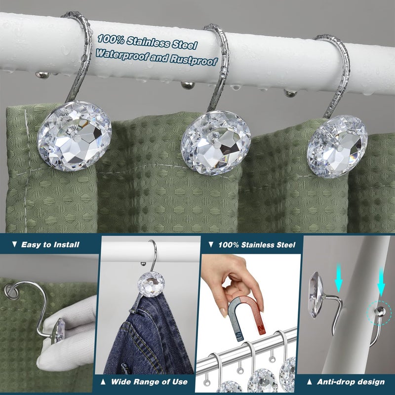 Yapicoco Shower Curtain Hooks Rings for Bathroom, 12PCS Stainless Steel Rust Resistant Decorative Rhinestones Shower Hangers for Curtains, Clothing, Towels, etc. (Aqua Blue) - Image 4